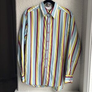 Robert Graham Mens M Button Down Shirt‎ Blue Yellow Striped Paisley Jacquard